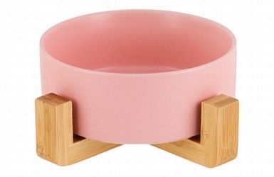 Pupstra Pink Ceramic Pet Bowl with Wooden Stand