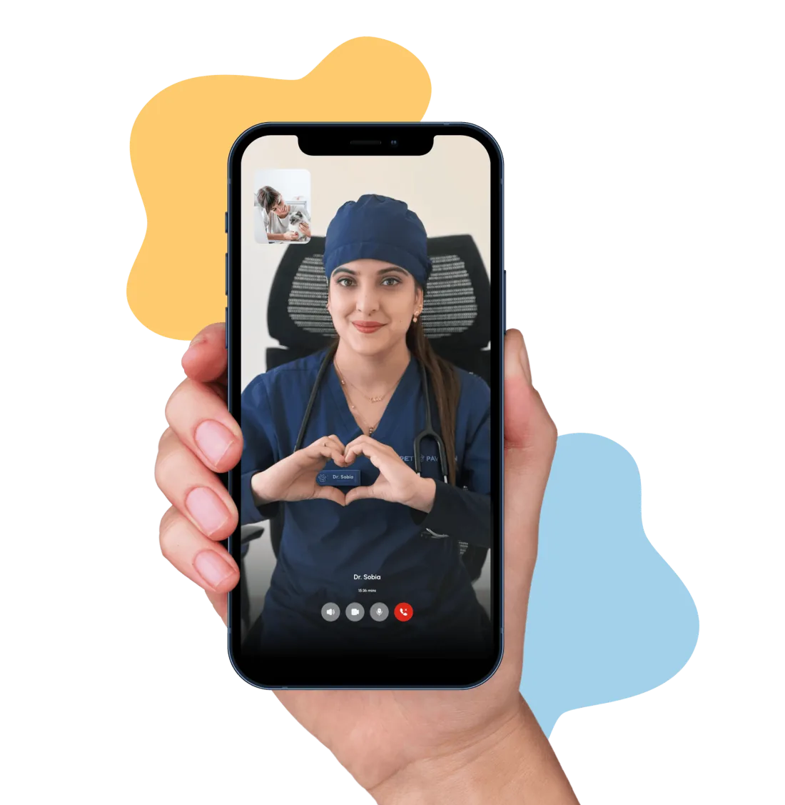 A Pet Pavilion vet on a live video consultation, shown on a phone